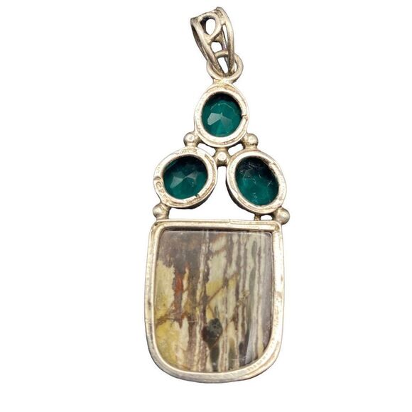 Sterling silver 925 zebra jasper and green CZ pendant necklace - Picture 2 of 7